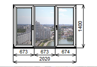 Трехстворчатые окна ПВХ в Минске дешево 1400 на 2020 мм.